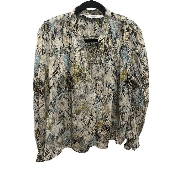 IRO BLUE  SMOCK PLEATED PRINTED LING SLEEVE BLOUSE SIZE 36 P2P 23’ - Picture 3 of 3